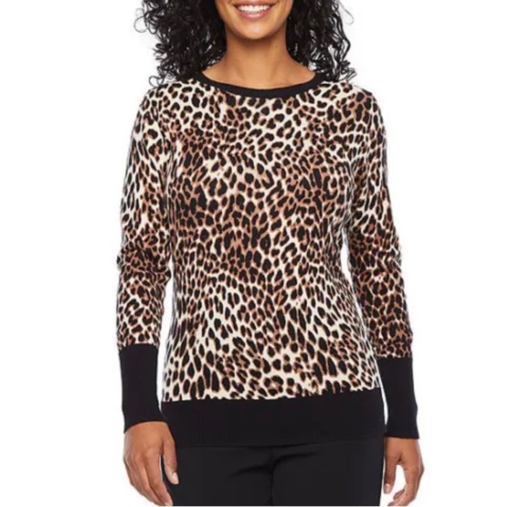 Worthington Leopard Animal Print Stretch Long Sleeve Sweater
